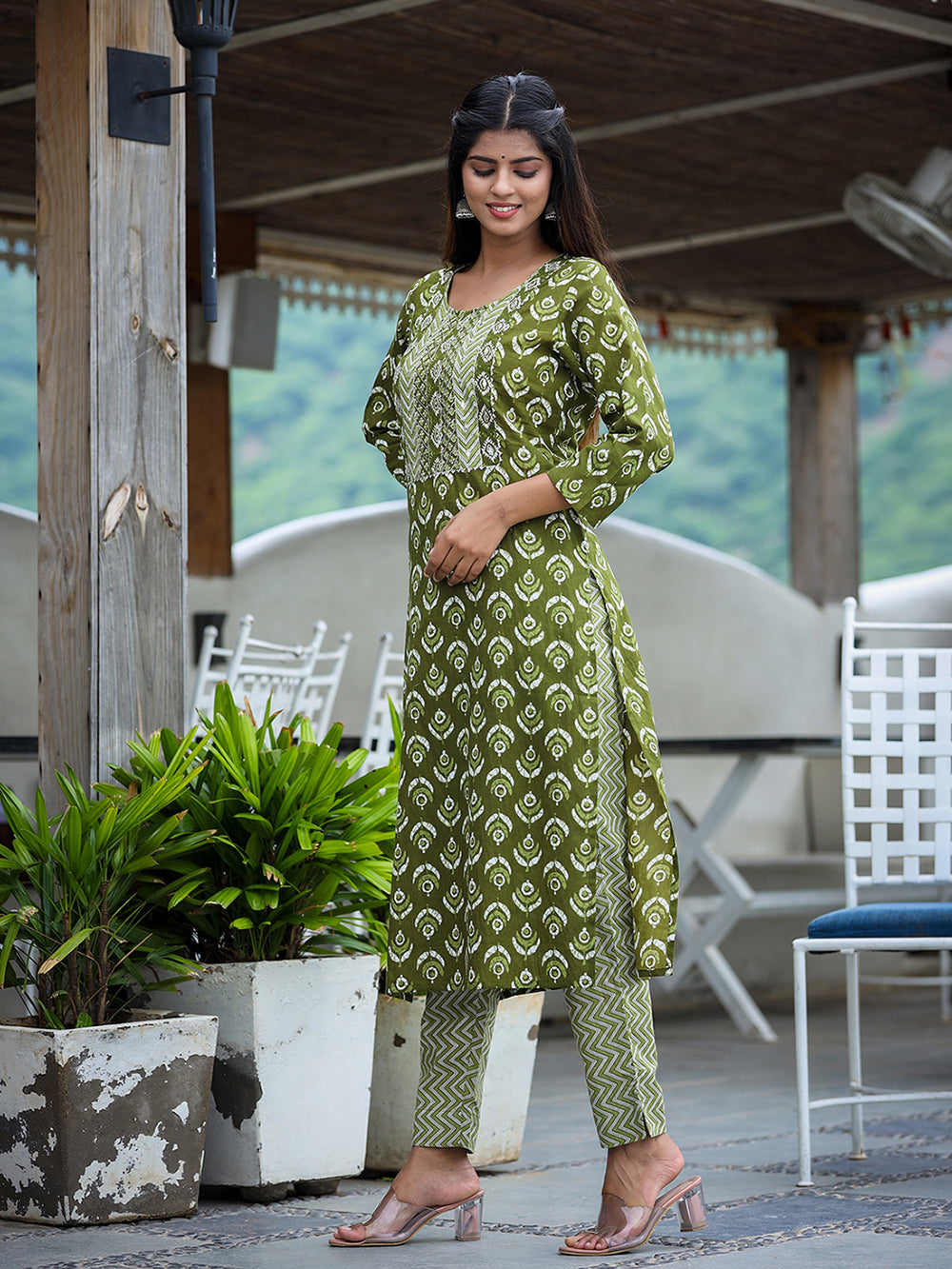 Green Floral Printed Kurta Pant Set