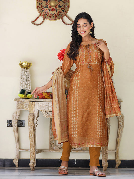 Mustard Yellow Chanderi Kurta Set With Trouser and Dupatta