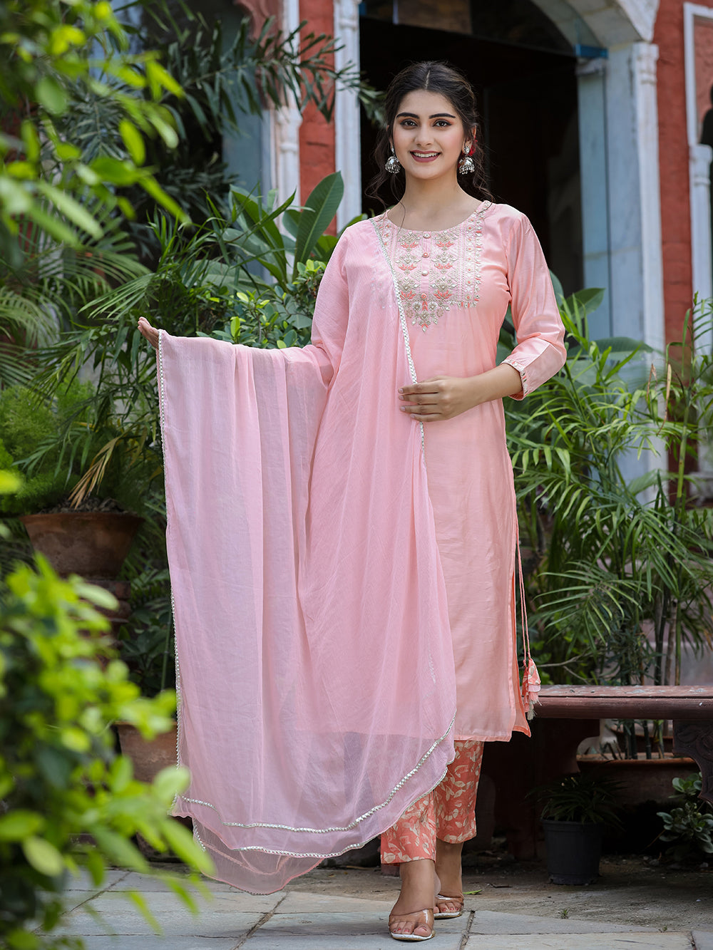 Pink Floral Modal Silk Suit Set