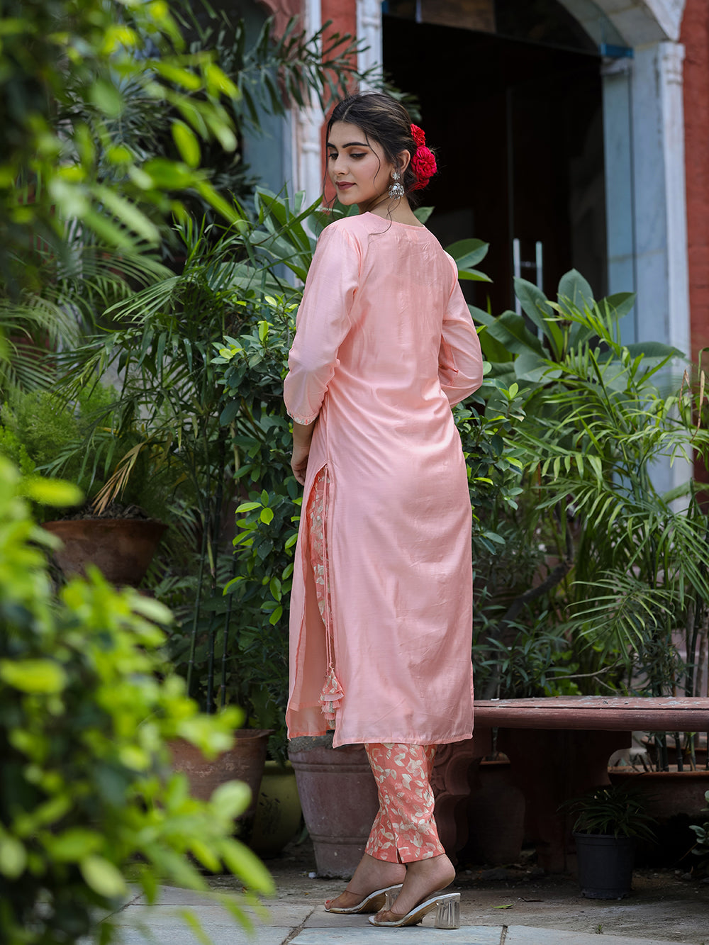 Pink Floral Modal Silk Suit Set