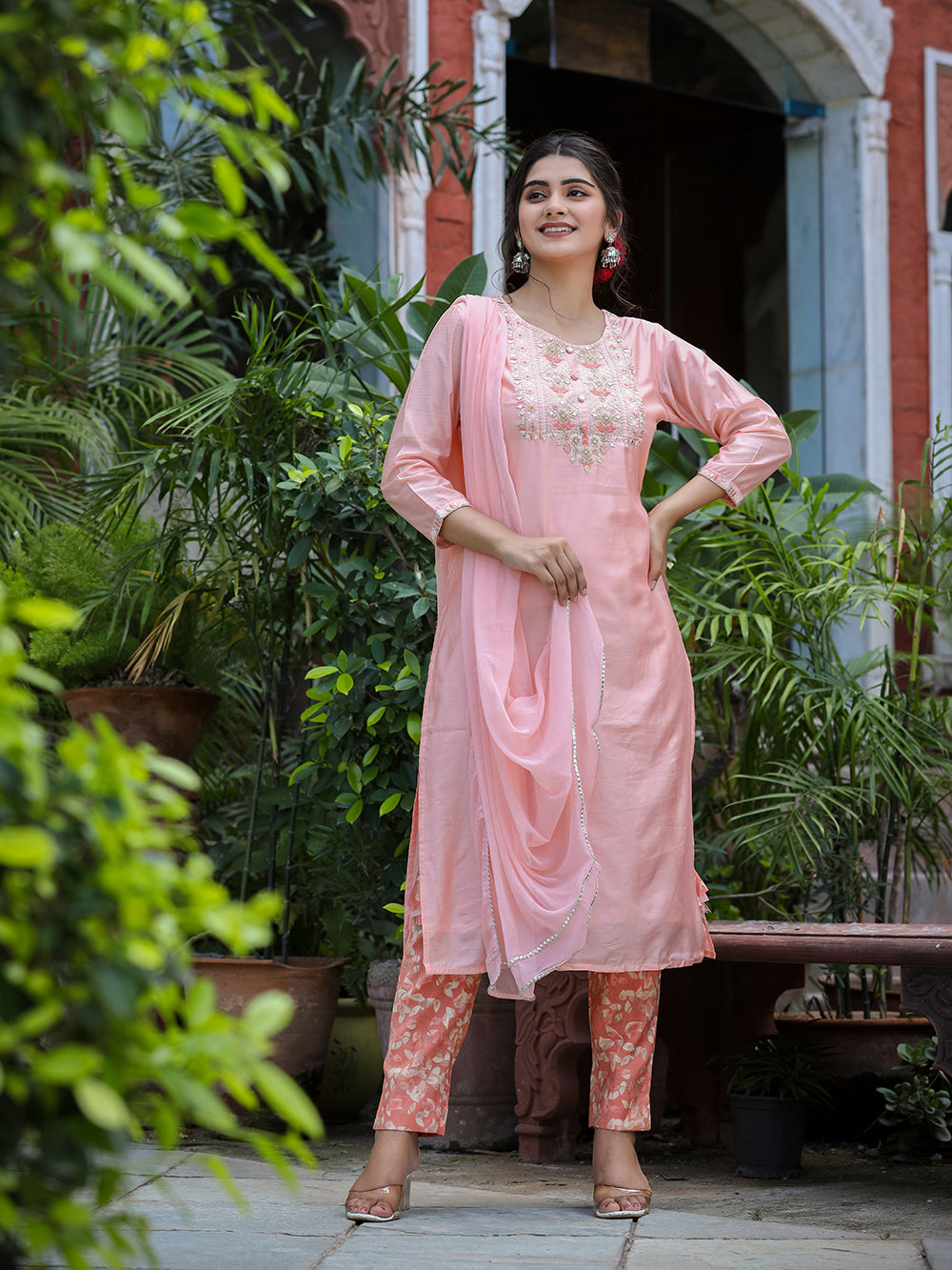 Pink Floral Modal Silk Suit Set