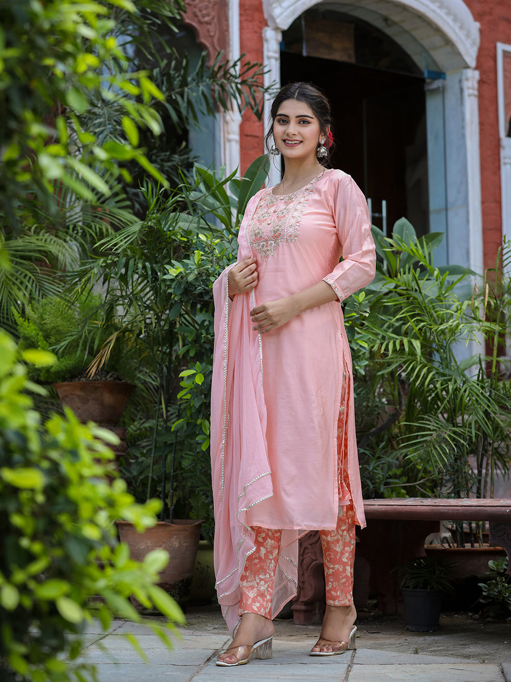 Pink Floral Modal Silk Suit Set