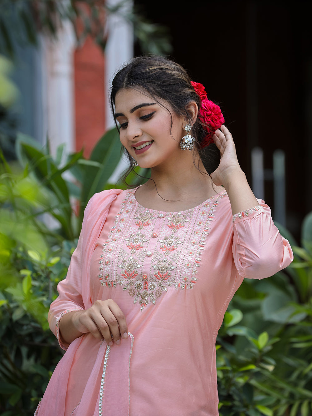 Pink Floral Modal Silk Suit Set