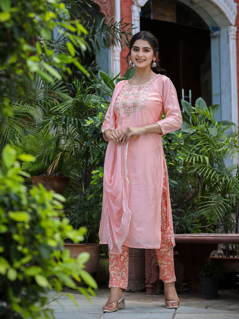 Pink Floral Modal Silk Suit Set