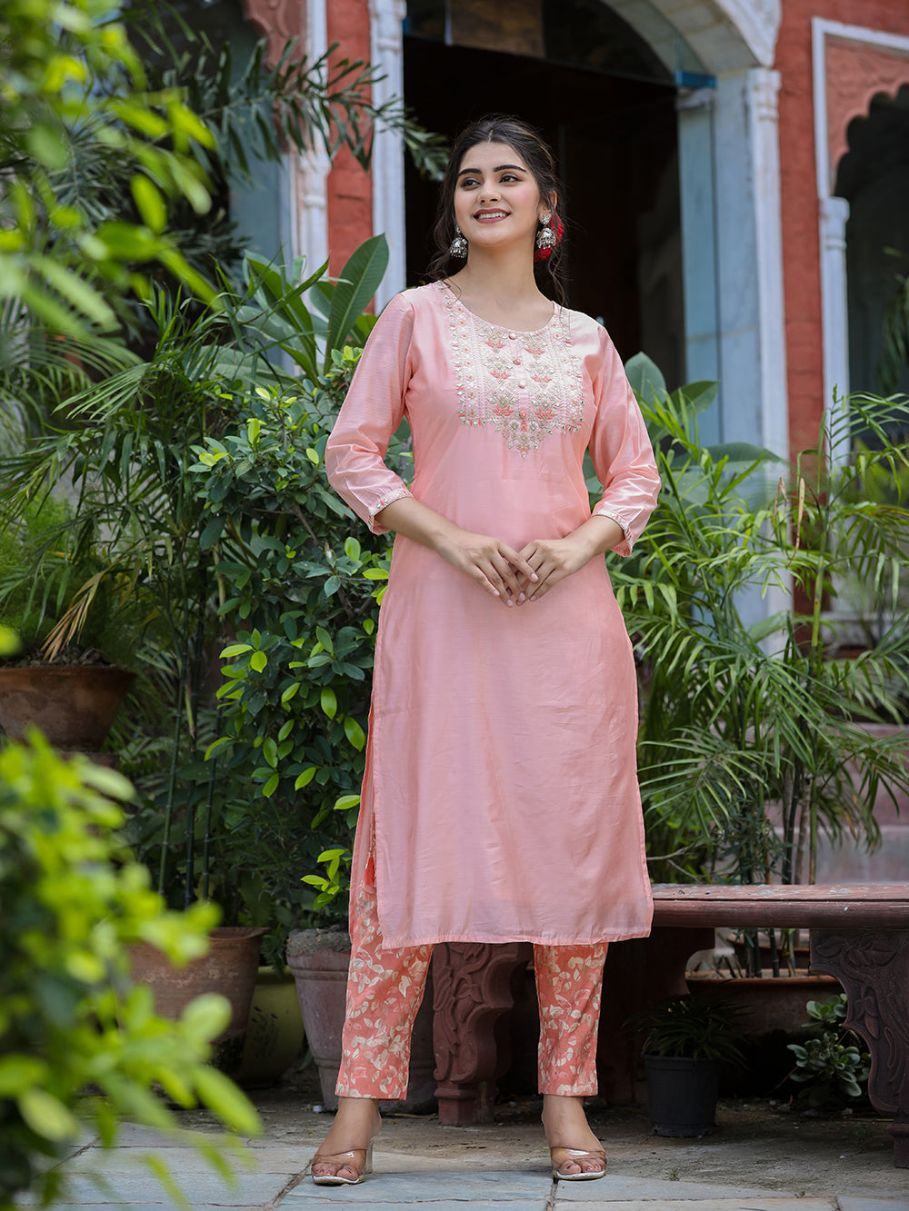 Pink Floral Modal Silk Suit Set