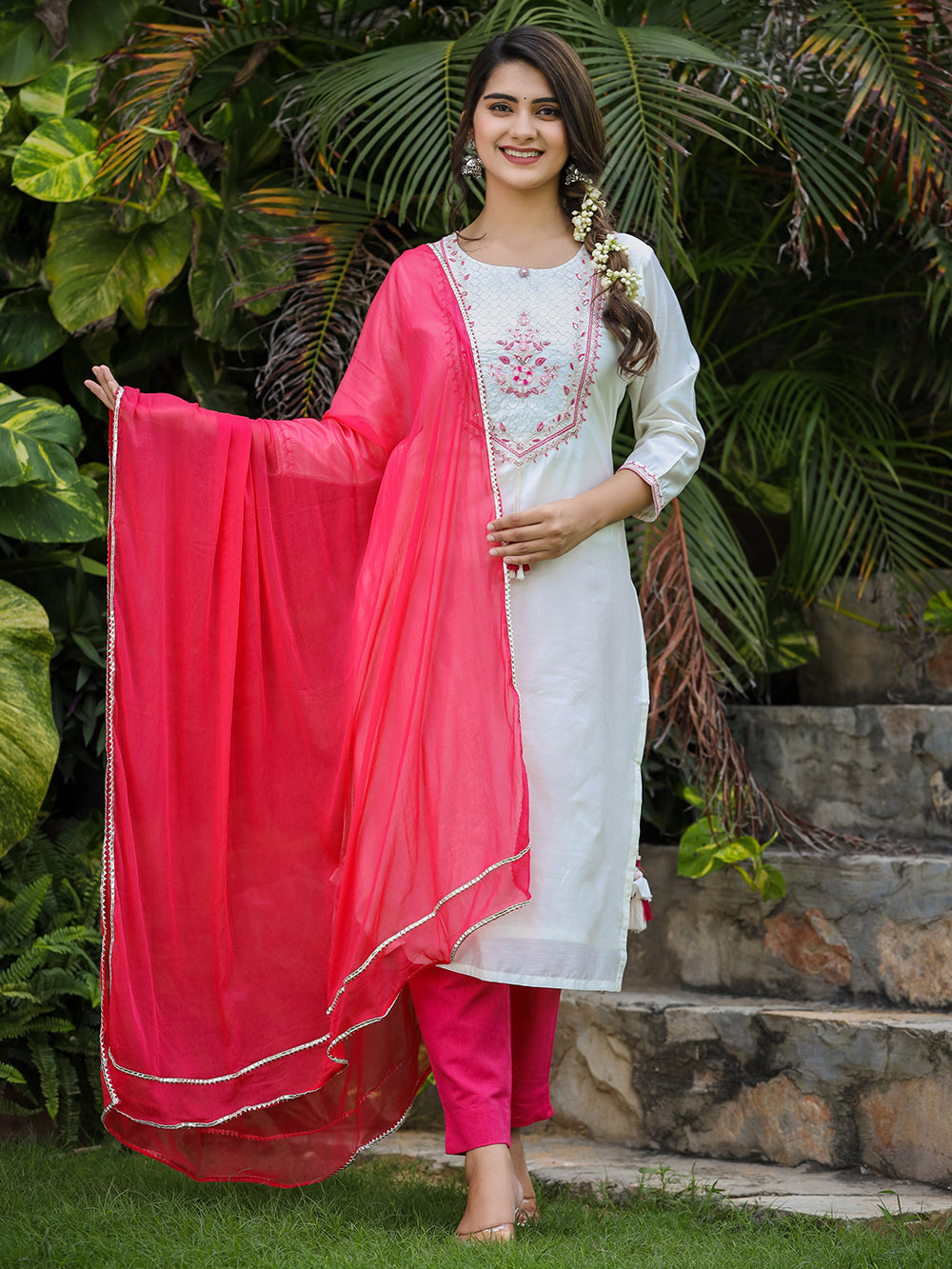 White-Pink Modal Silk Suit Set