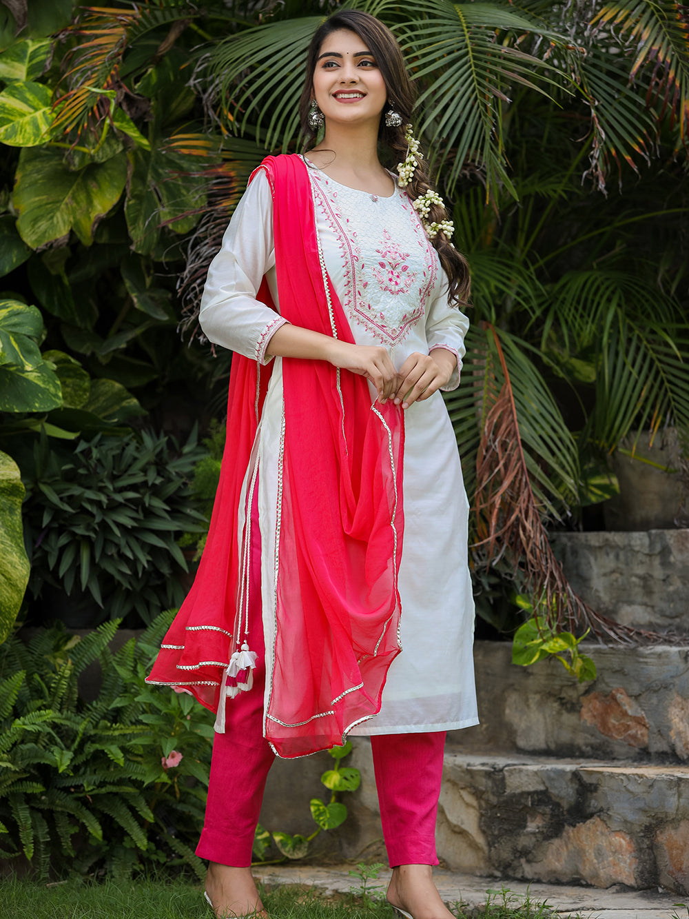 White-Pink Modal Silk Suit Set