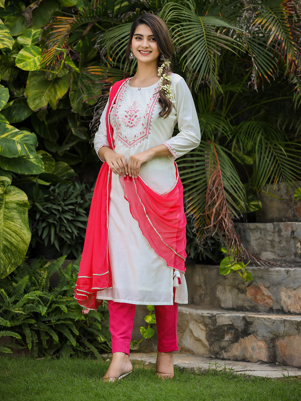 White-Pink Modal Silk Suit Set