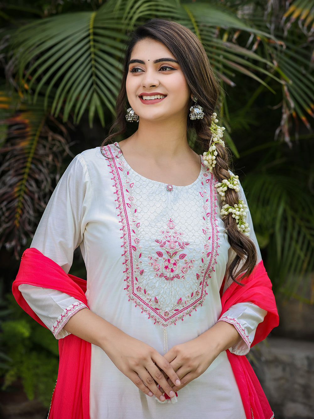 White-Pink Modal Silk Suit Set