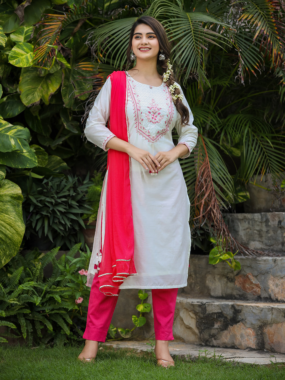 White-Pink Modal Silk Suit Set