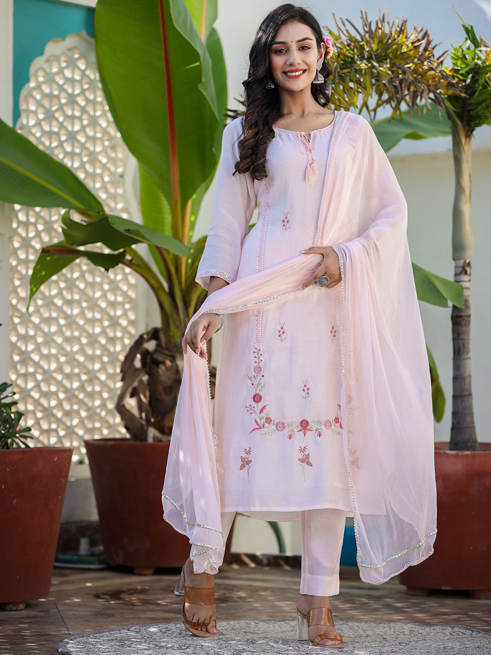 Peach Floral Modal Silk Suit Set