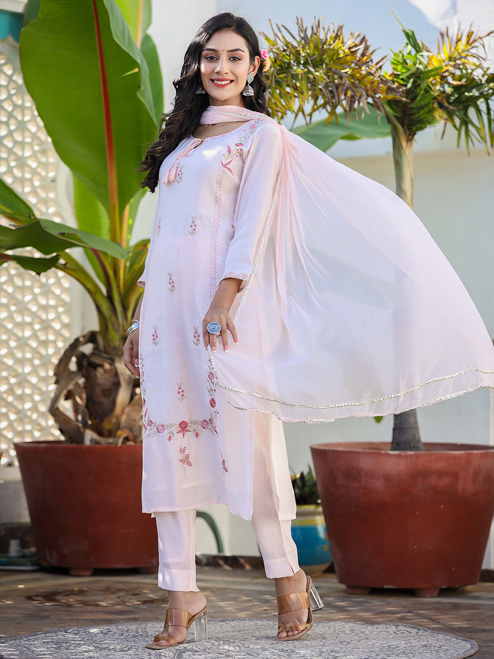 Peach Floral Modal Silk Suit Set