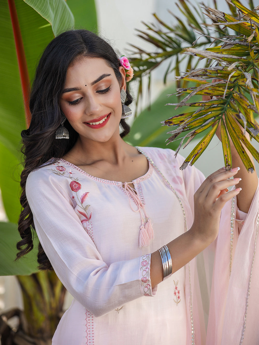 Peach Floral Modal Silk Suit Set