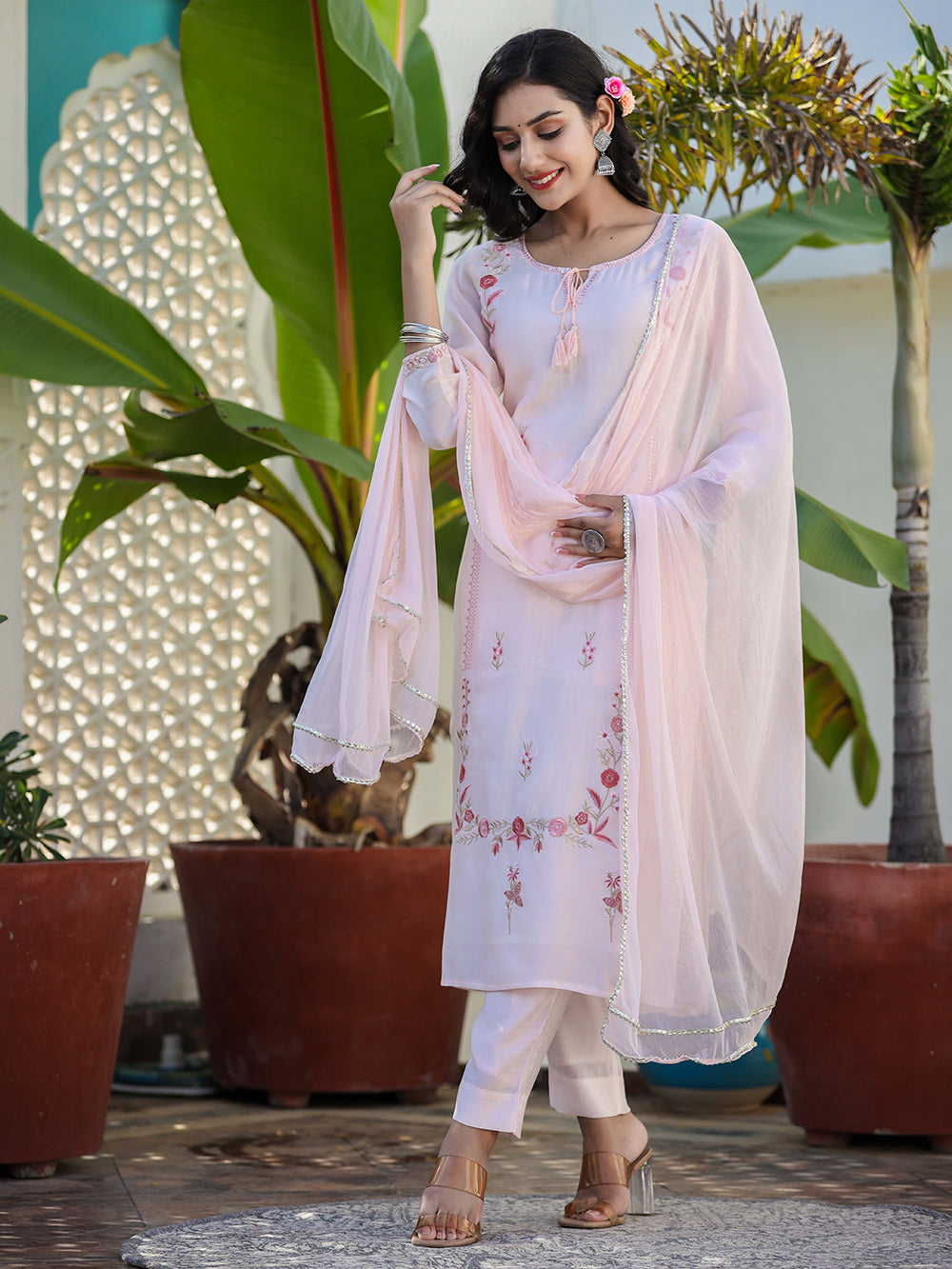 Peach Floral Modal Silk Suit Set