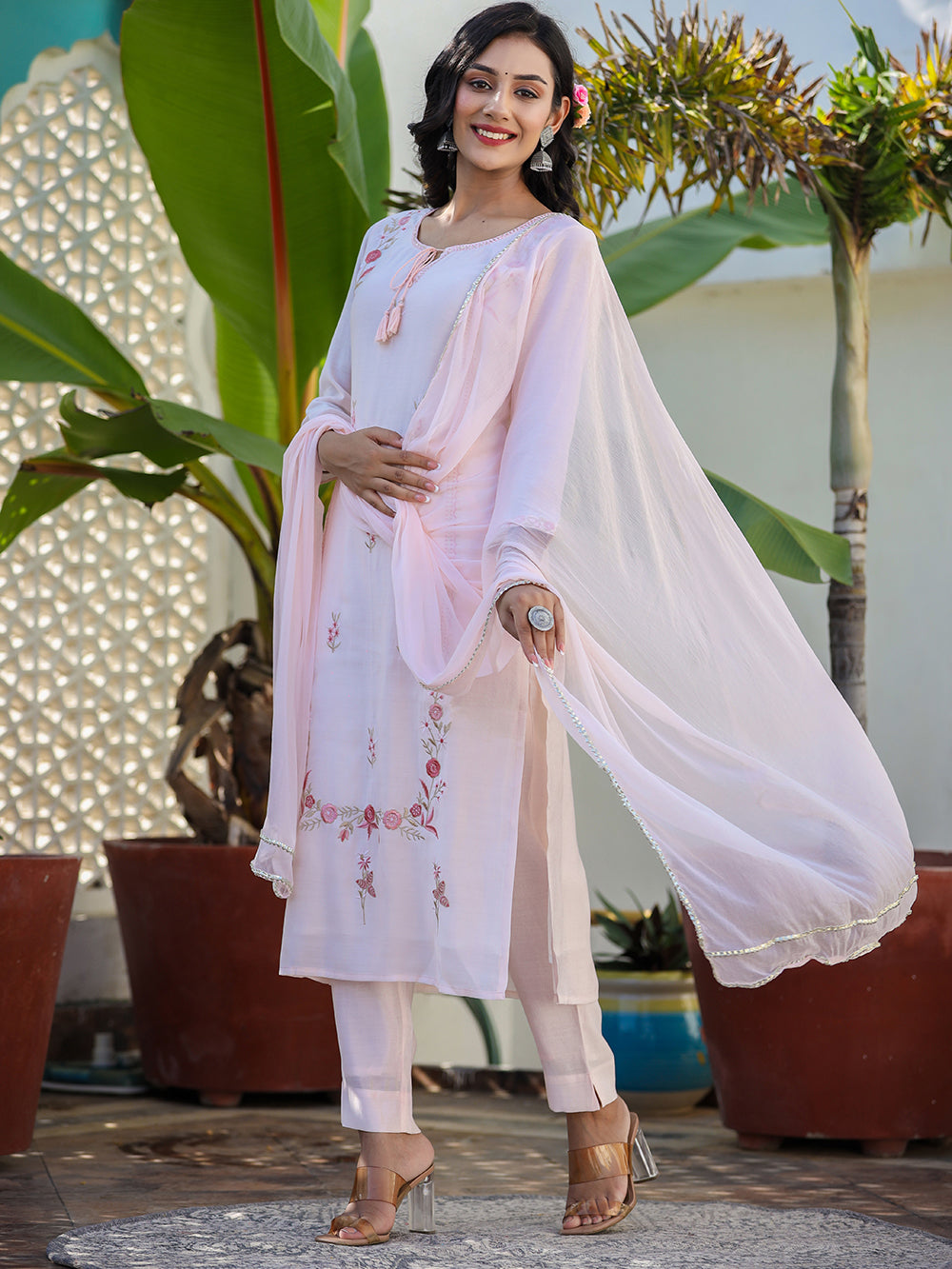 Peach Floral Modal Silk Suit Set