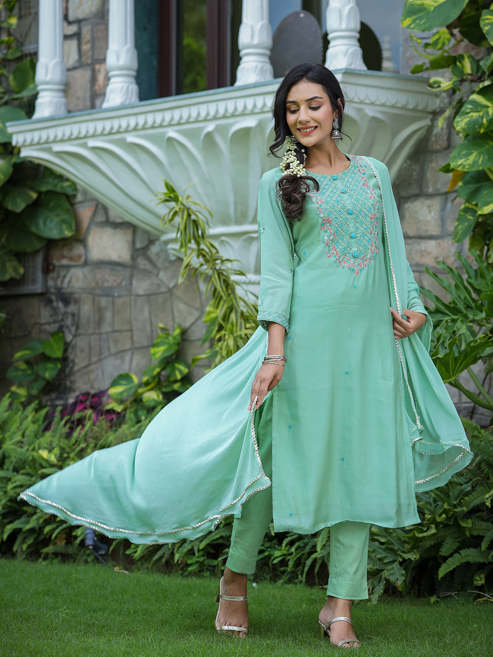 Green Modal Silk Suit Set