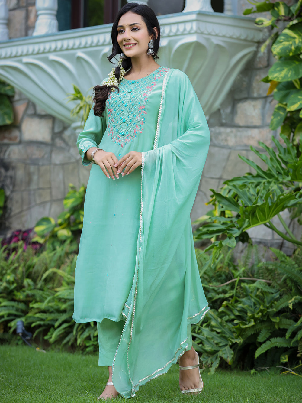 Green Modal Silk Suit Set