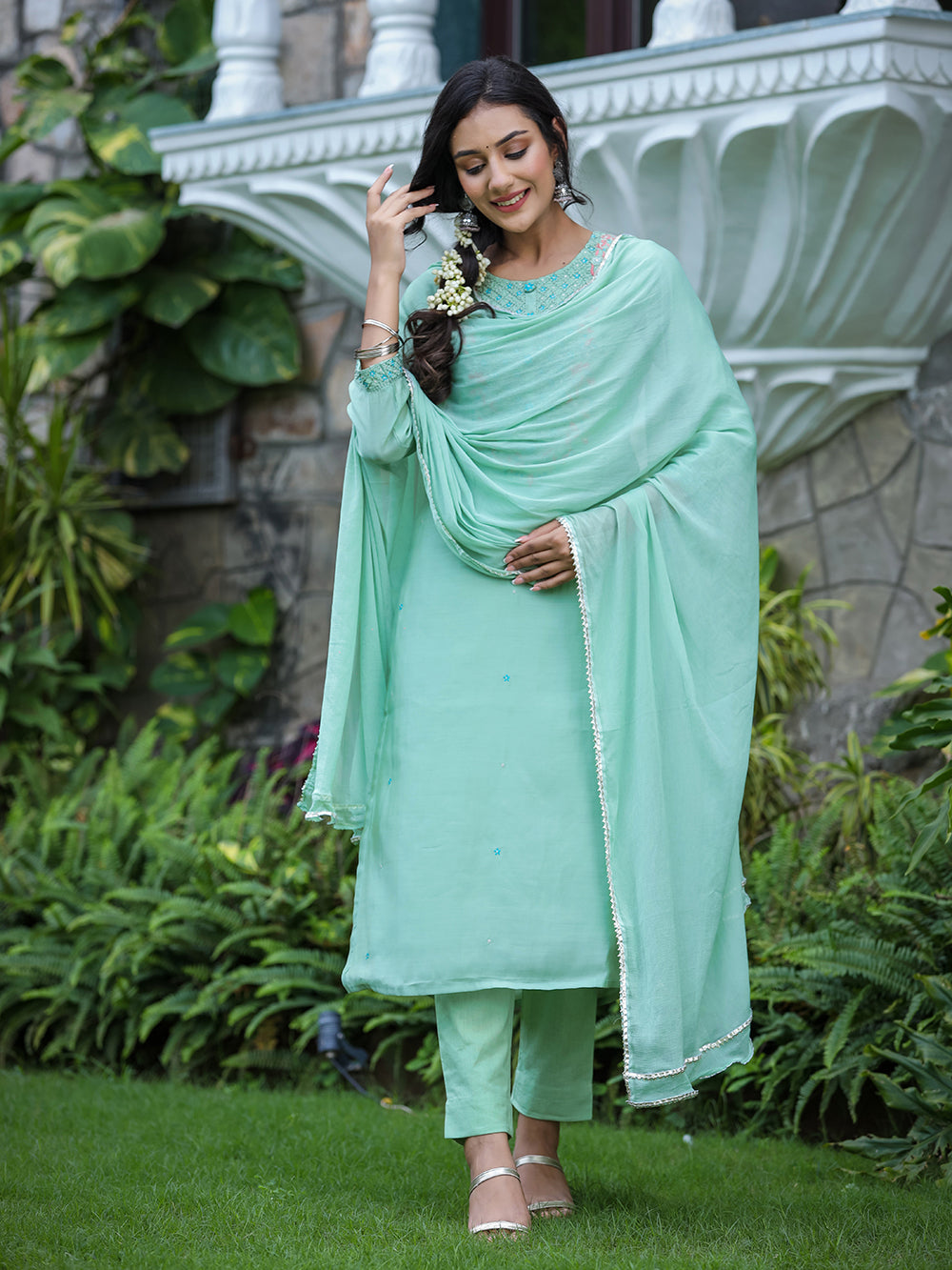 Green Modal Silk Suit Set