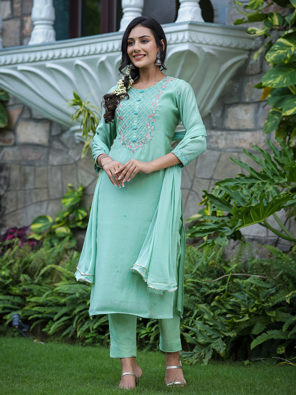 Green Modal Silk Suit Set