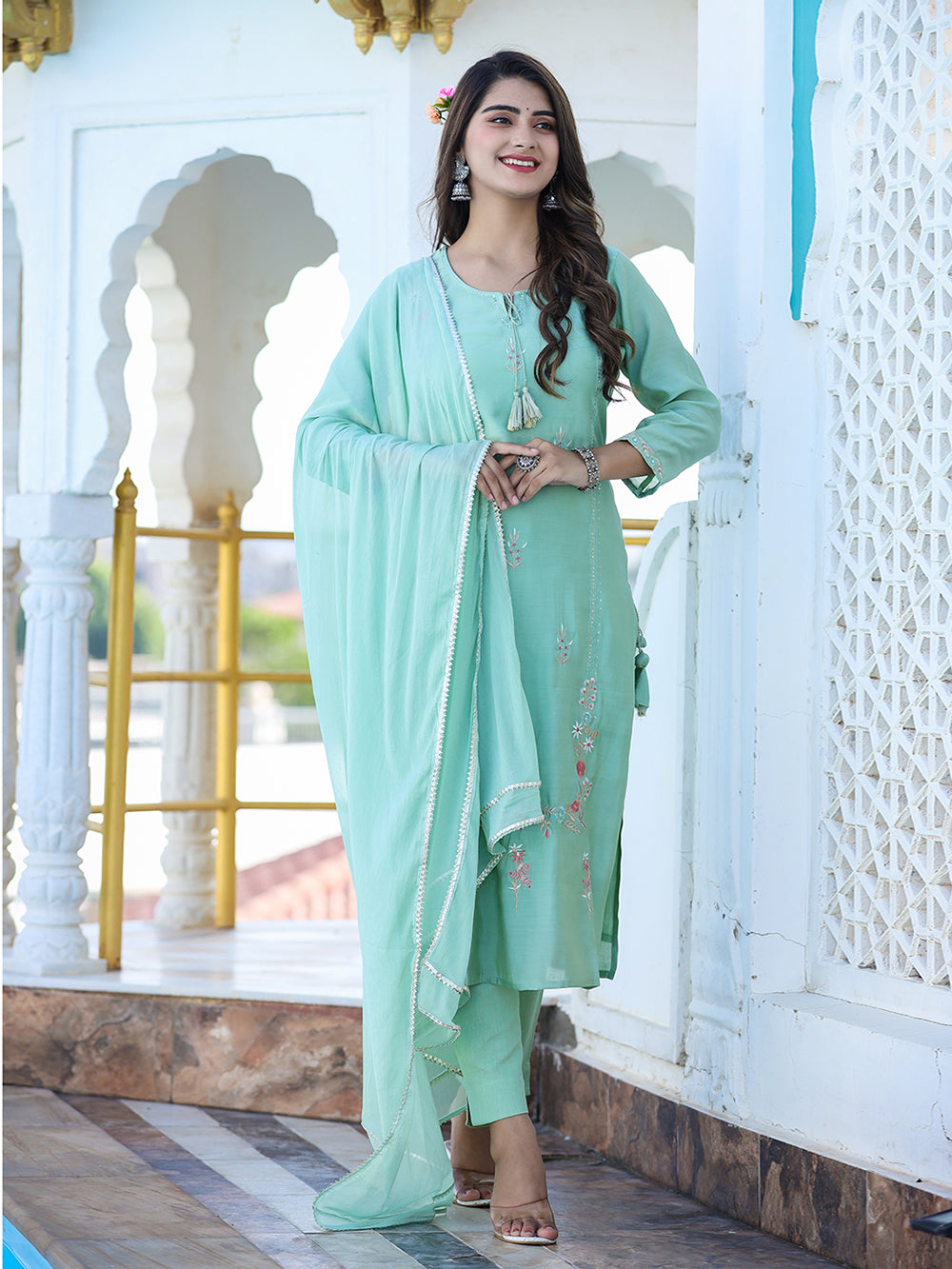 Green Floral Modal Silk Suit Set