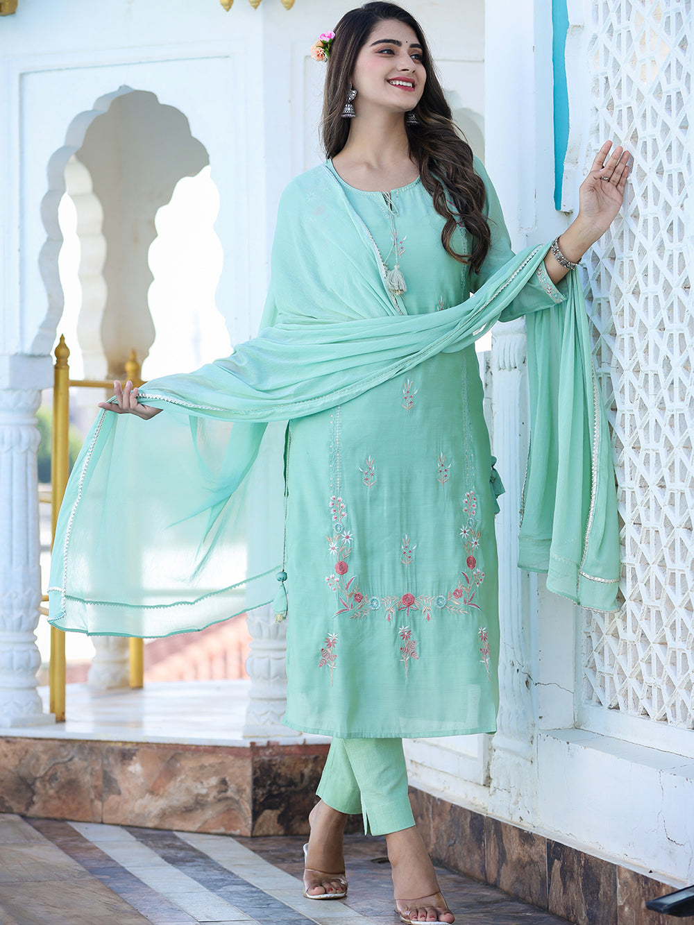 Green Floral Modal Silk Suit Set