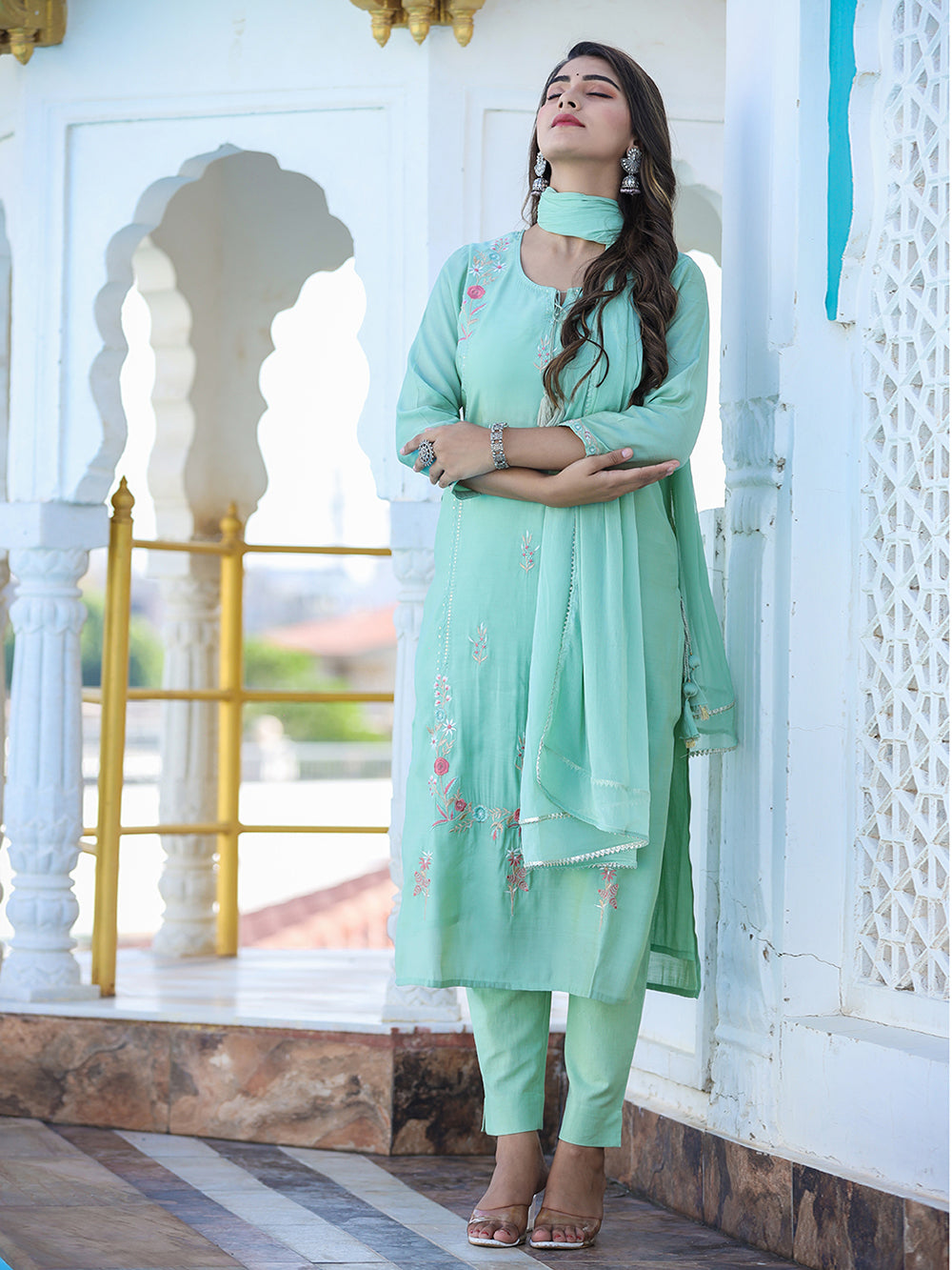 Green Floral Modal Silk Suit Set