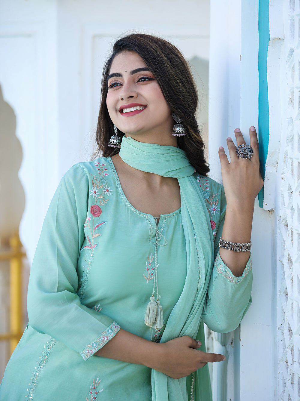 Green Floral Modal Silk Suit Set