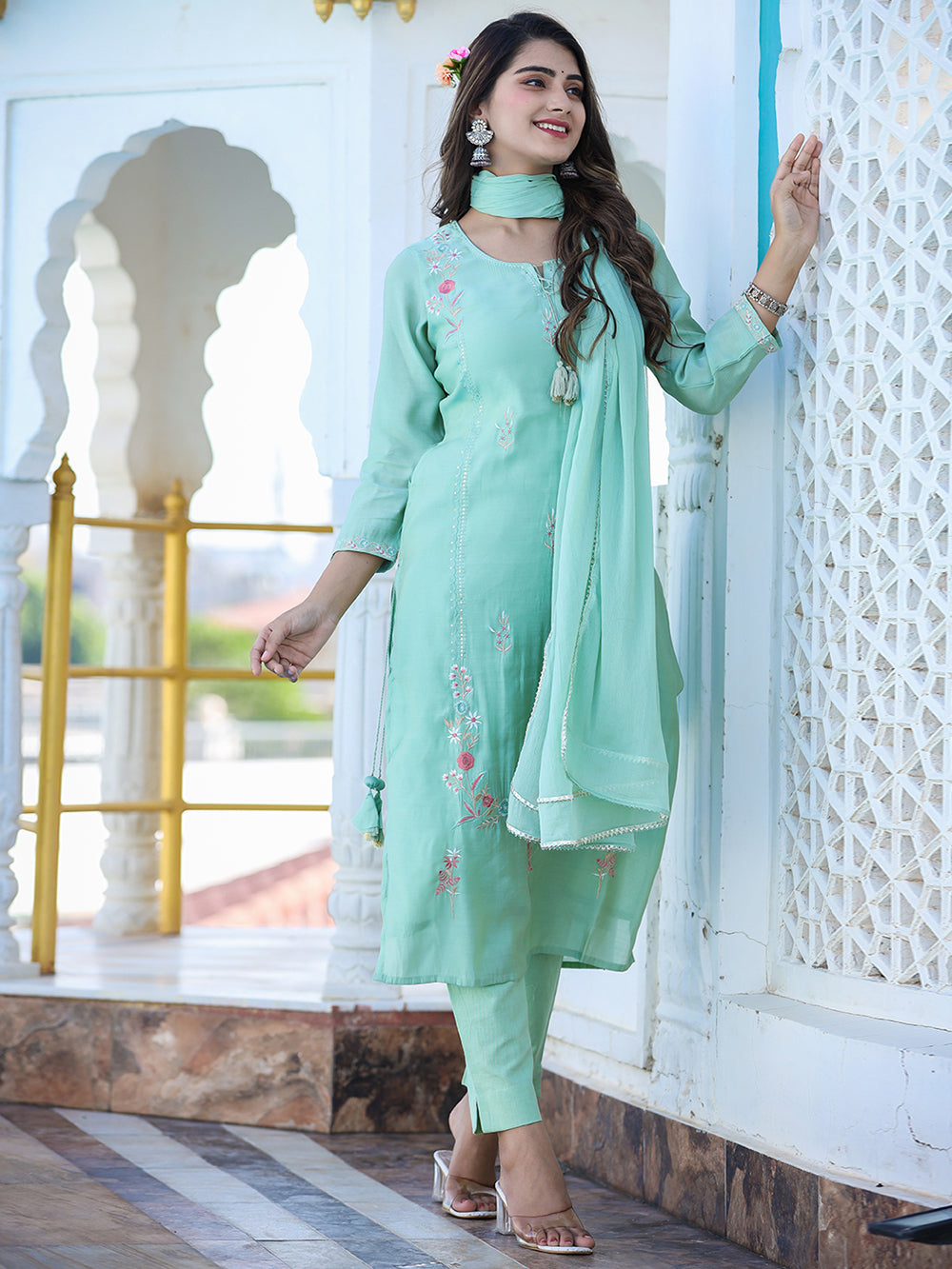 Green Floral Modal Silk Suit Set