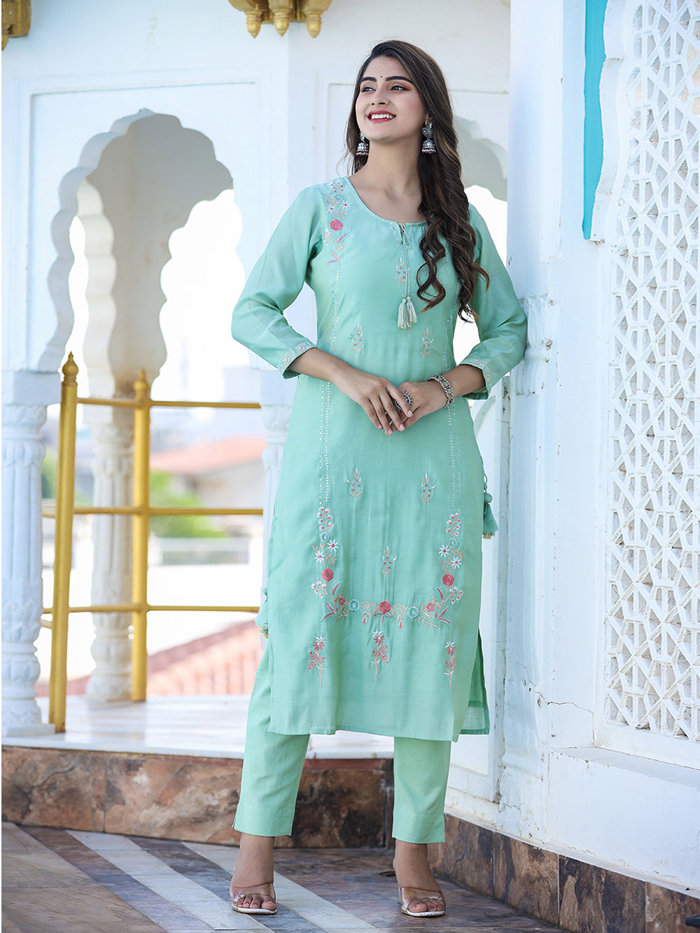 Green Floral Modal Silk Suit Set