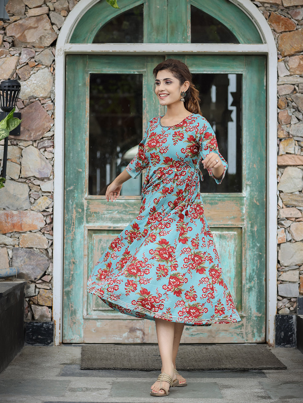 Turquoise Floral Printed Cotton Ethnic Dress