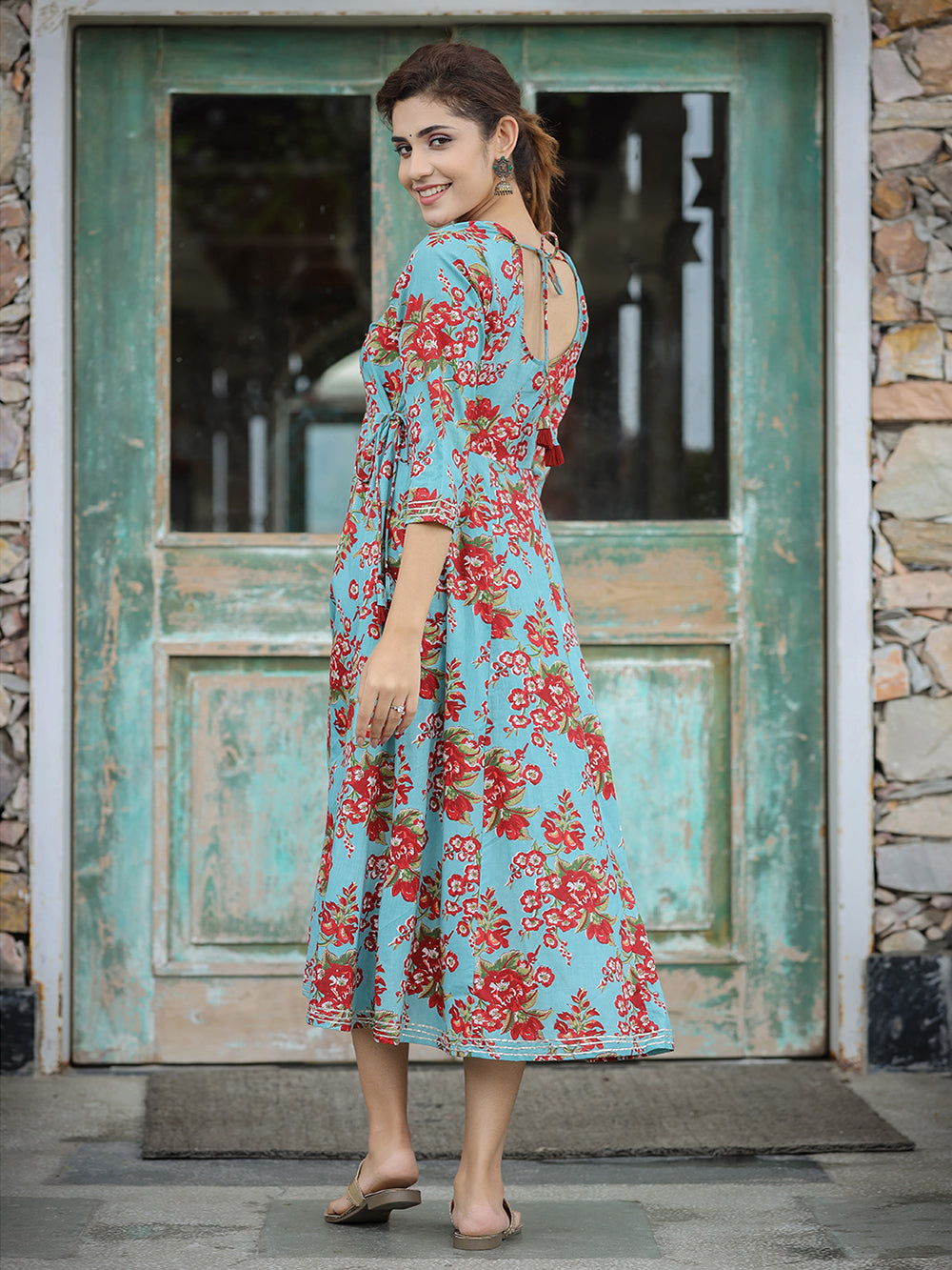 Turquoise Floral Printed Cotton Ethnic Dress