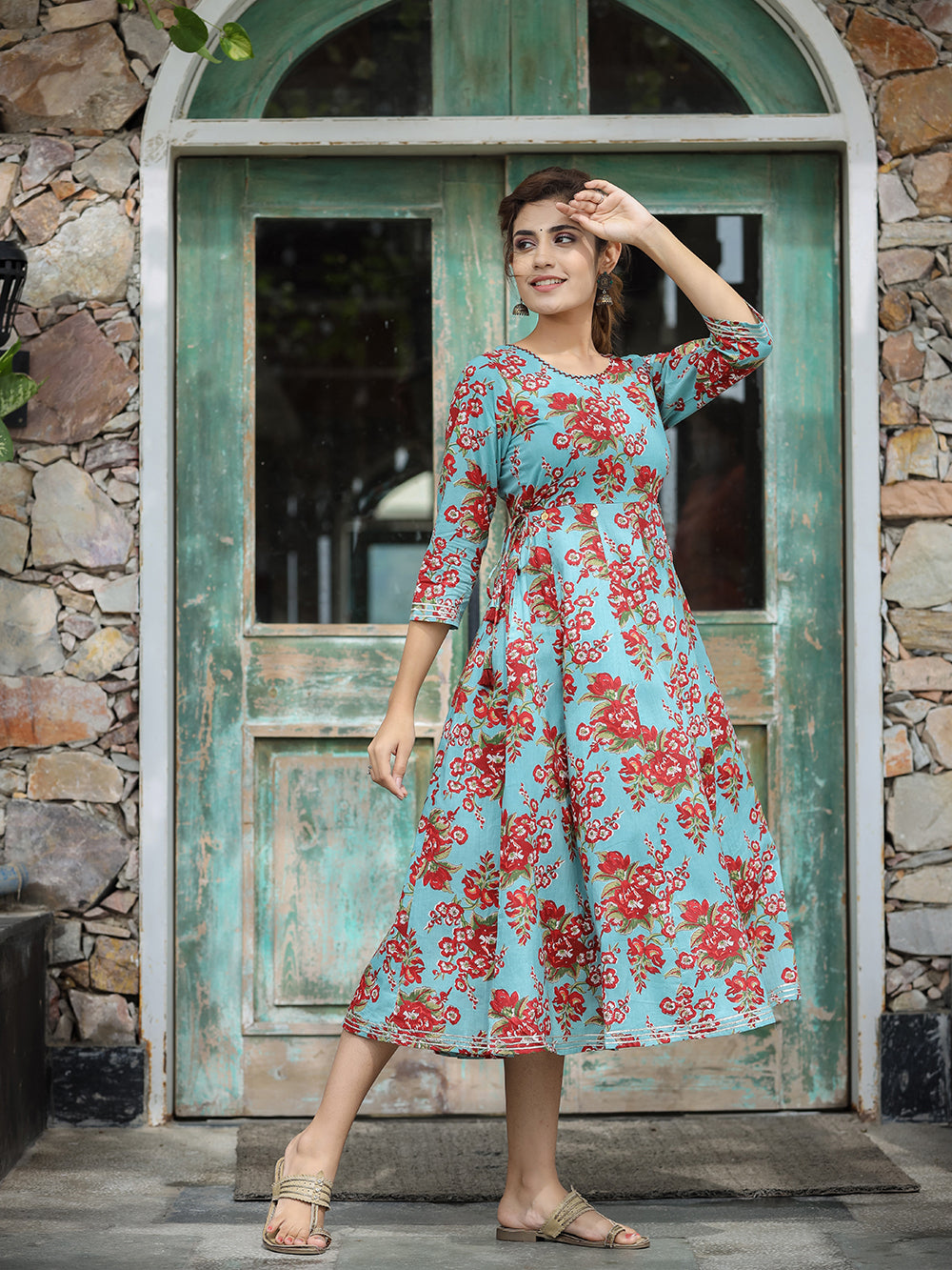 Turquoise Floral Printed Cotton Ethnic Dress