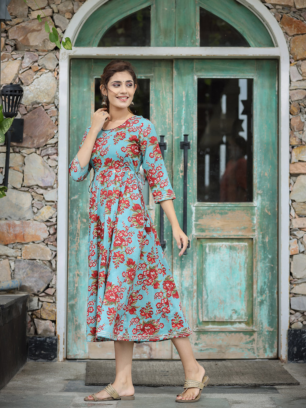 Turquoise Floral Printed Cotton Ethnic Dress