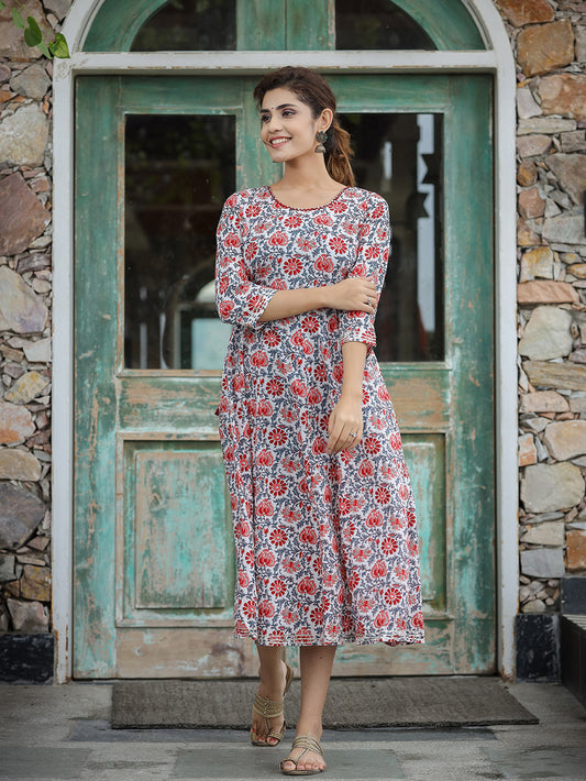 White Blue Floral Printed Cotton Ethnic Dress