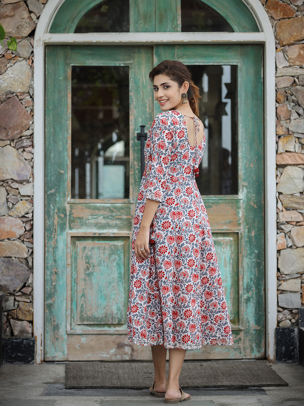 White Blue Floral Printed Cotton Ethnic Dress