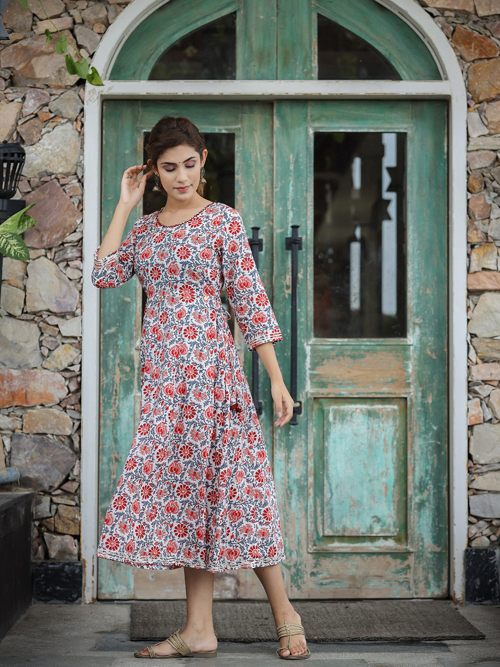 White Blue Floral Printed Cotton Ethnic Dress