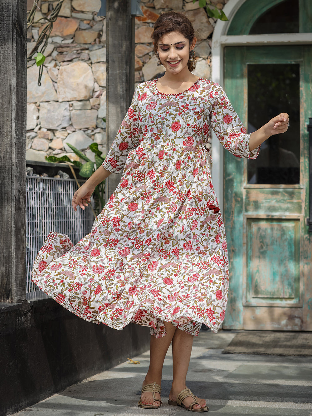 White Red Floral Printed Cotton Ethnic Dress