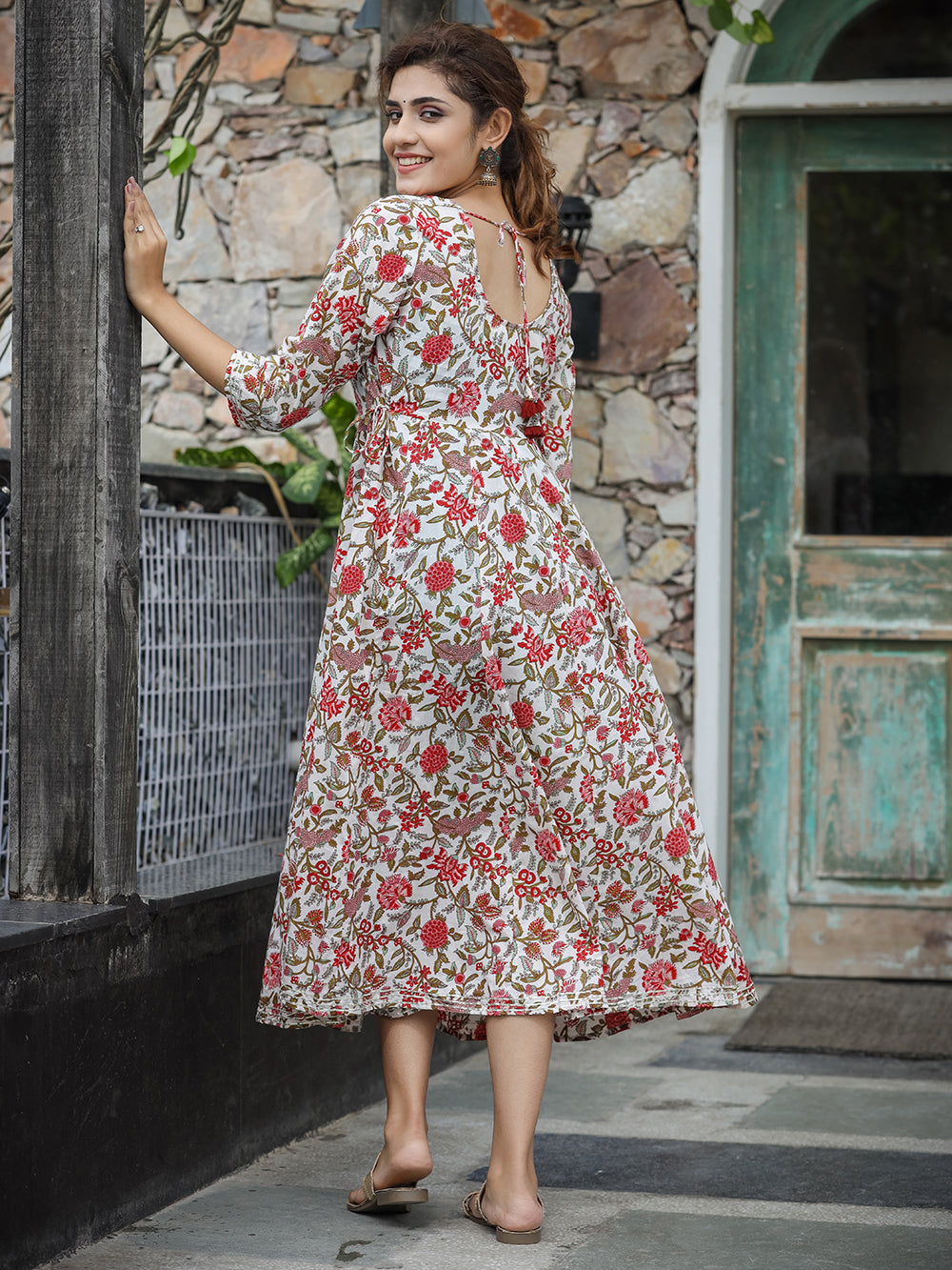 White Red Floral Printed Cotton Ethnic Dress