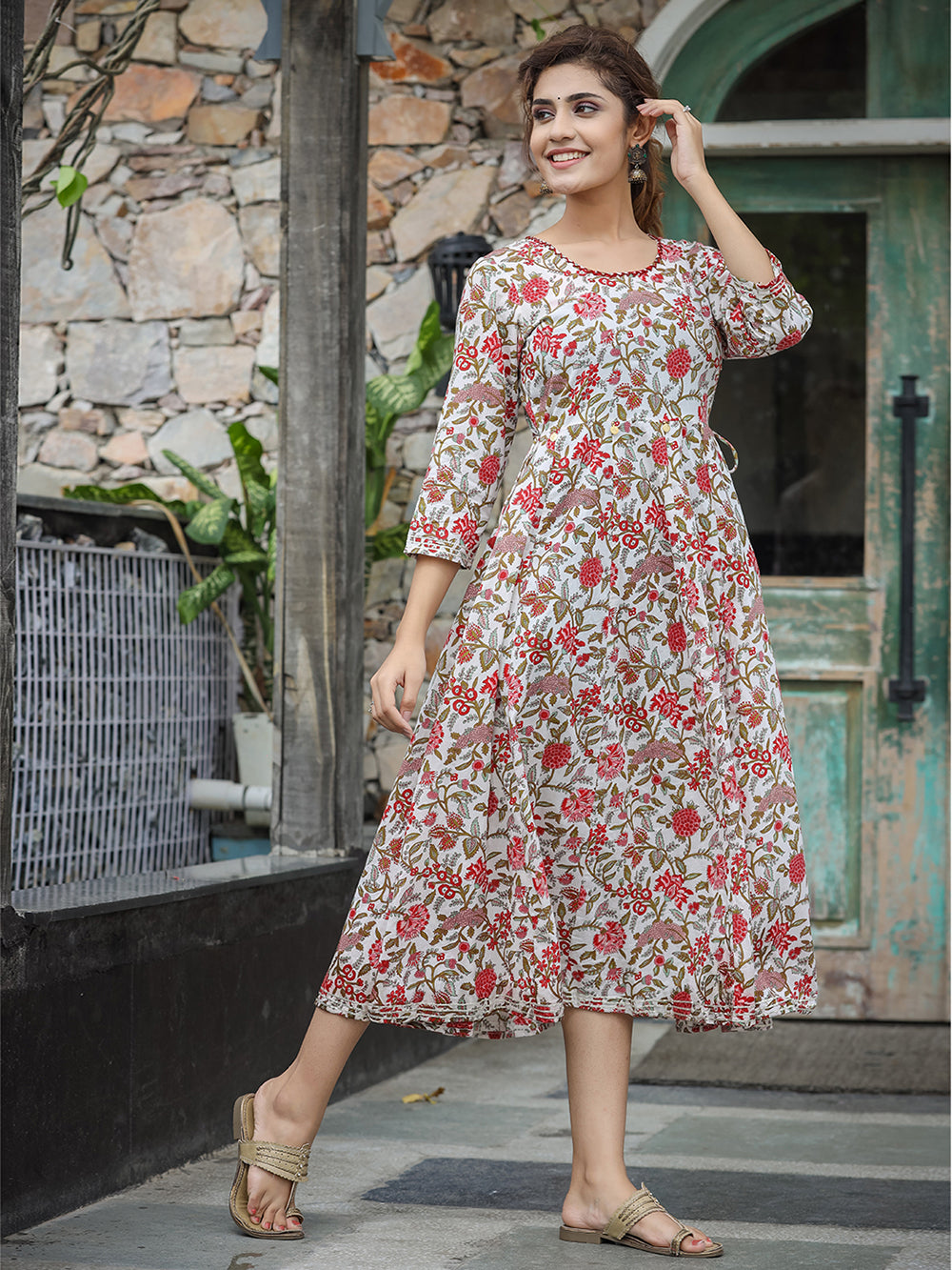 White Red Floral Printed Cotton Ethnic Dress