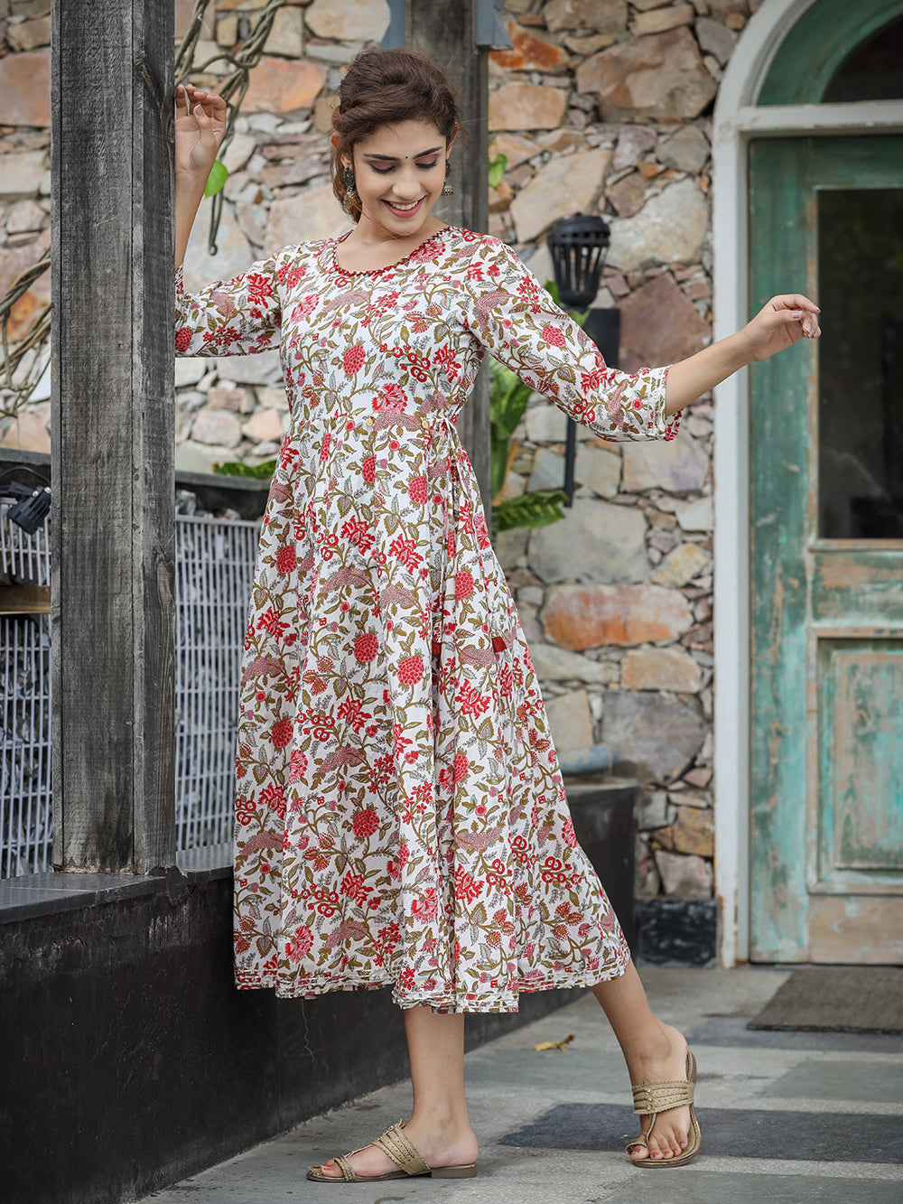 White Red Floral Printed Cotton Ethnic Dress