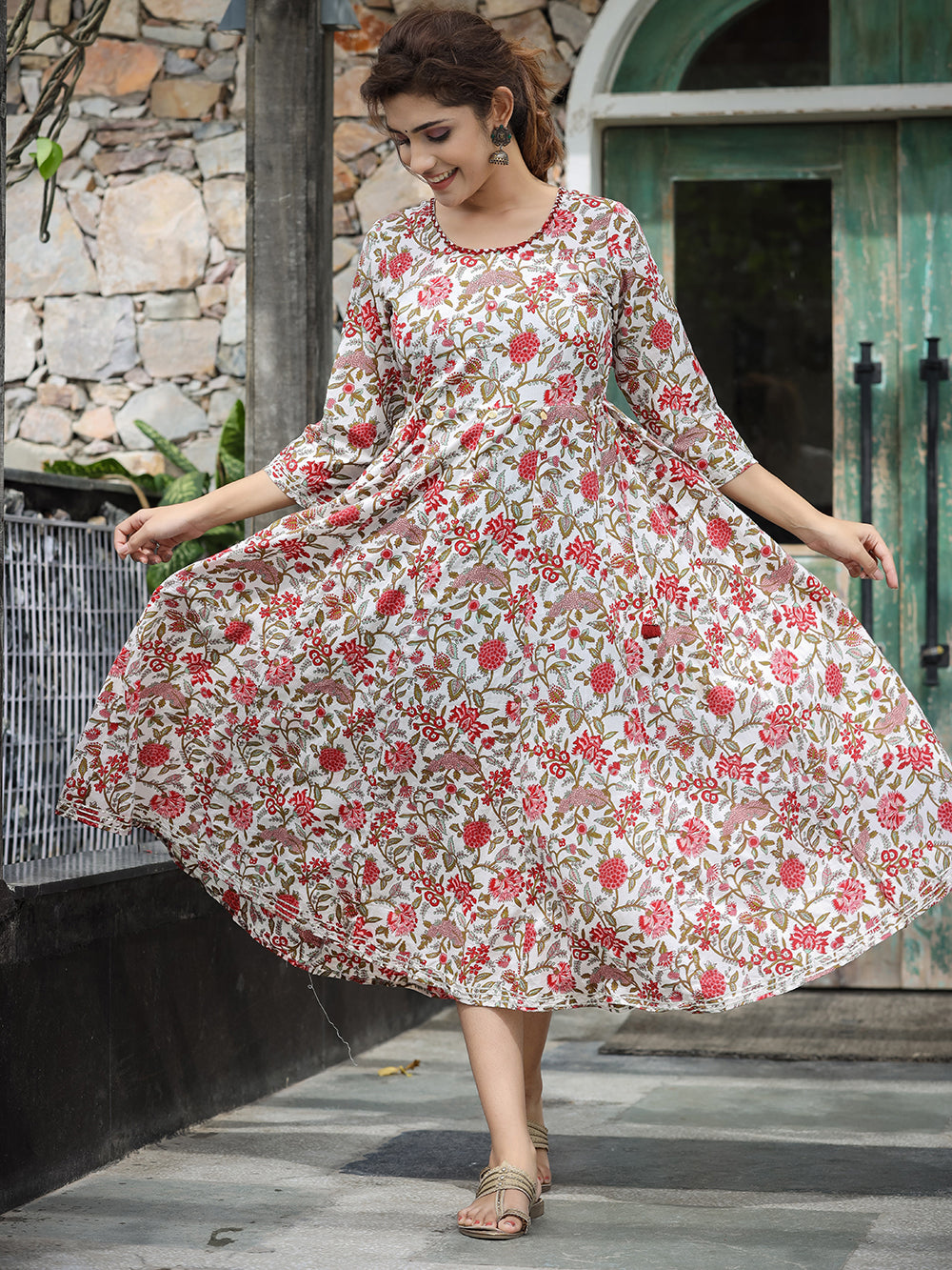 White Red Floral Printed Cotton Ethnic Dress