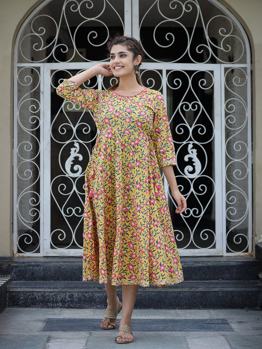 Yellow Floral Printed Cotton Ethnic Dress