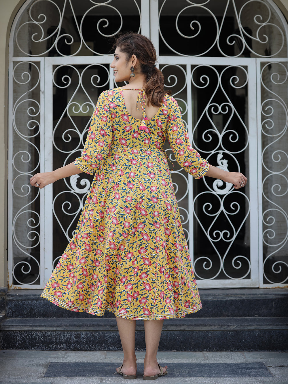 Yellow Floral Printed Cotton Ethnic Dress