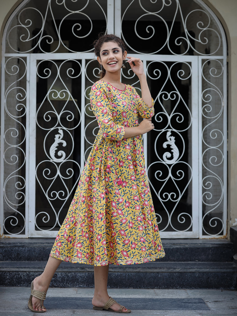 Yellow Floral Printed Cotton Ethnic Dress