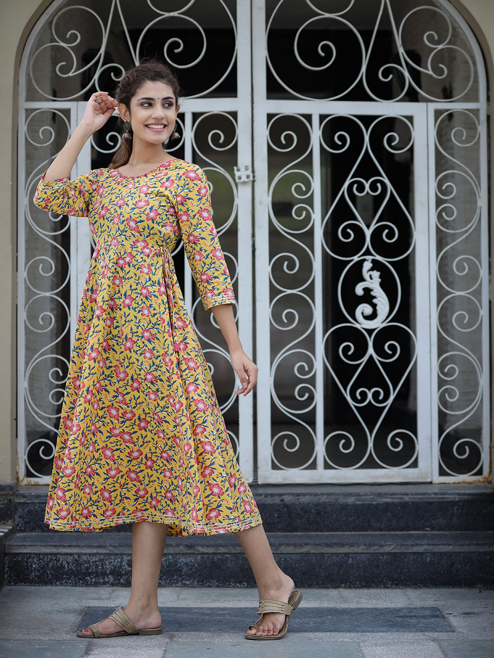 Yellow Floral Printed Cotton Ethnic Dress