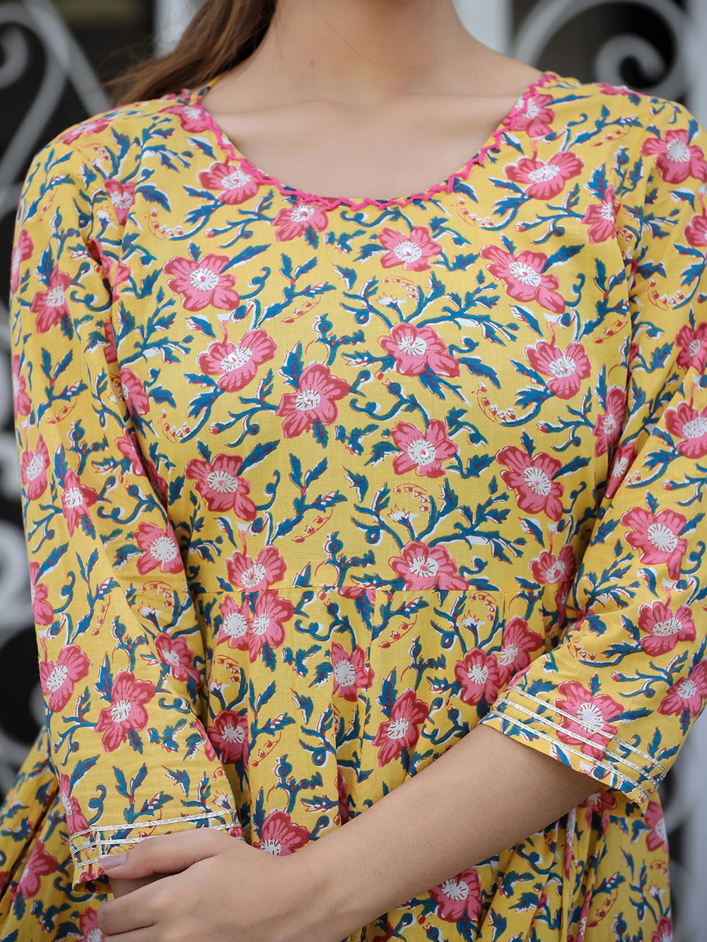 Yellow Floral Printed Cotton Ethnic Dress