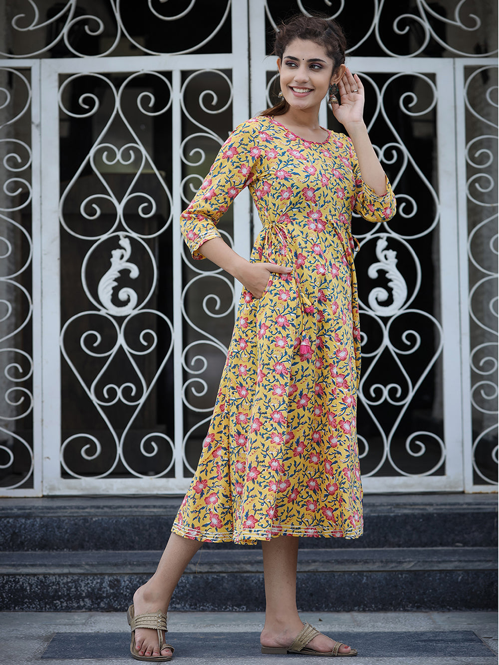 Yellow Floral Printed Cotton Ethnic Dress