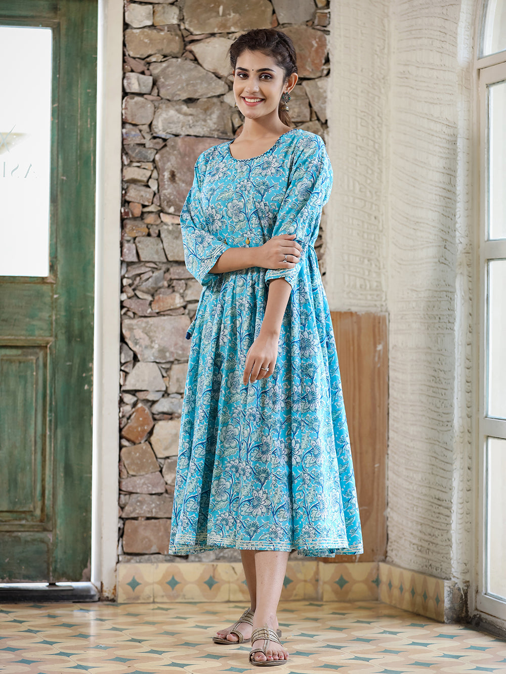 Sky Blue Floral Printed Cotton Ethnic Dress