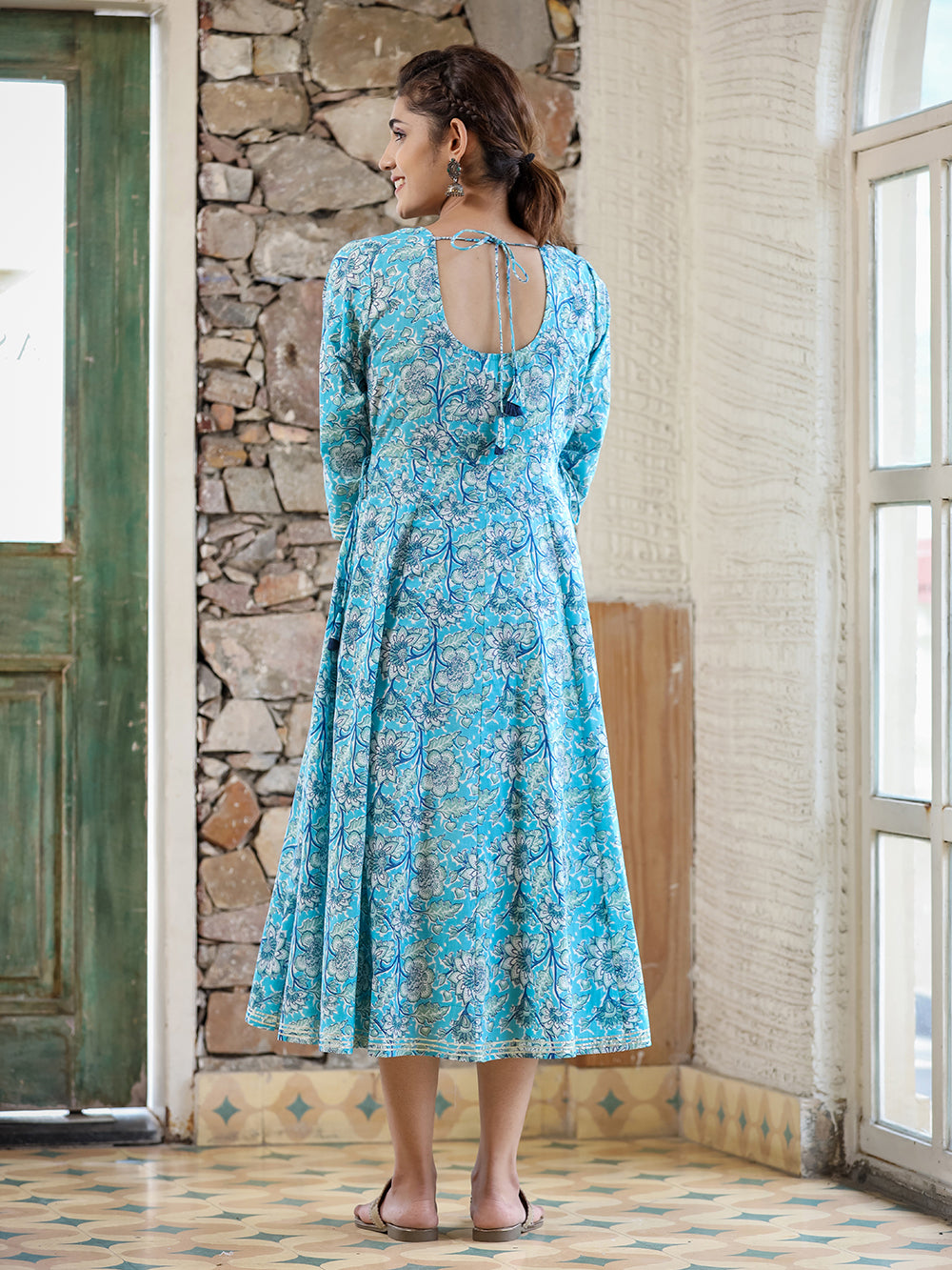 Sky Blue Floral Printed Cotton Ethnic Dress