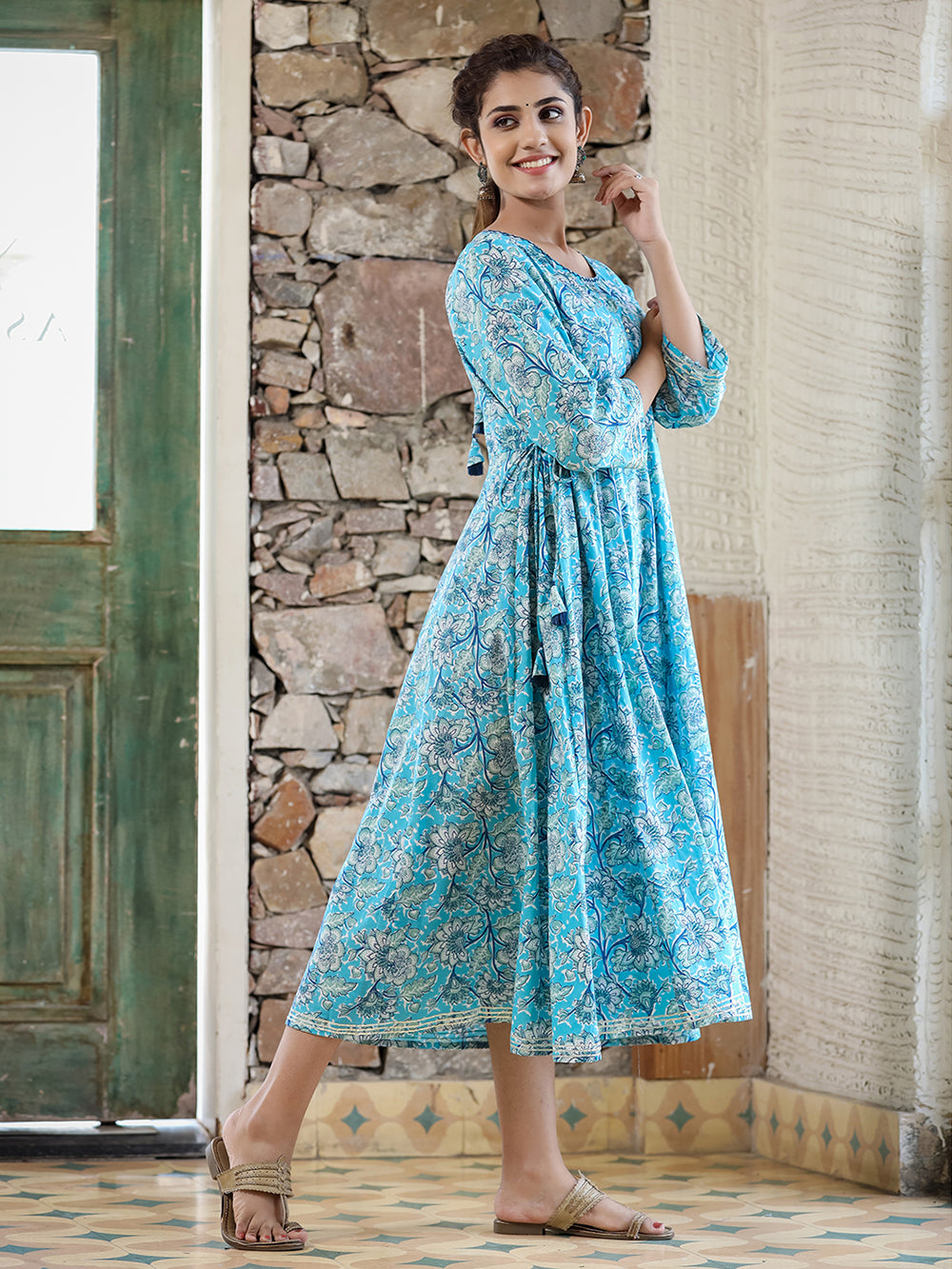 Sky Blue Floral Printed Cotton Ethnic Dress